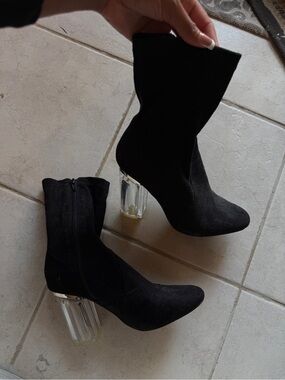 Black Sock Booties with Clear Block Heel - Women's Fashion Boot
